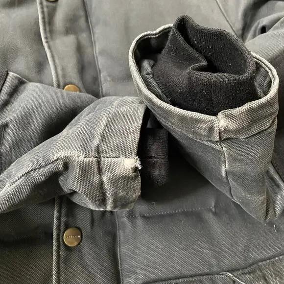 🌿Carhartt Mens Heavy Canvas Gray Black 2 Way Zip Hooded Puffer Douglas Jacket M